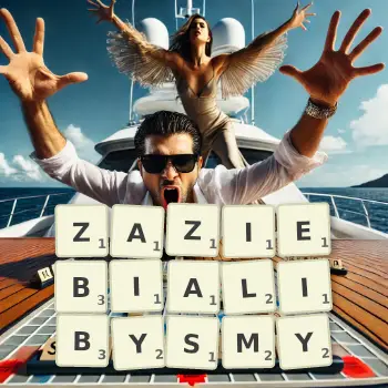Kreatywna ilustracja do gry w Scrabble ze słowem ZAZIEBIALIBYSMY ułożonym z płytek na planszy.