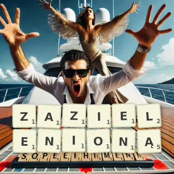 Kreatywna ilustracja do gry w Scrabble ze słowem ZAZIELENIONĄ ułożonym z płytek na planszy.