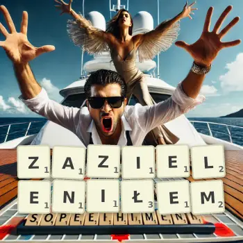 Kreatywna ilustracja do gry w Scrabble ze słowem ZAZIELENIŁEM ułożonym z płytek na planszy.