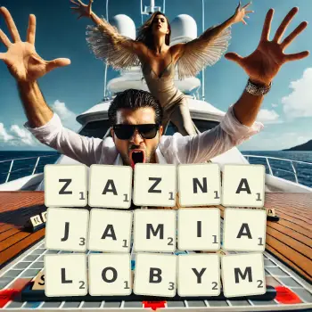 Kreatywna ilustracja do gry w Scrabble ze słowem ZAZNAJAMIALOBYM ułożonym z płytek na planszy.