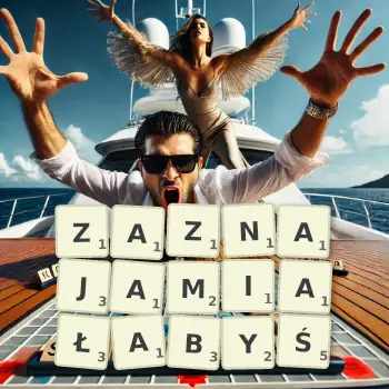 Kreatywna ilustracja do gry w Scrabble ze słowem ZAZNAJAMIAŁABYŚ ułożonym z płytek na planszy.