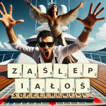 Kreatywna ilustracja do gry w Scrabble ze słowem ZAŚLEPIAŁOŚ ułożonym z płytek na planszy.