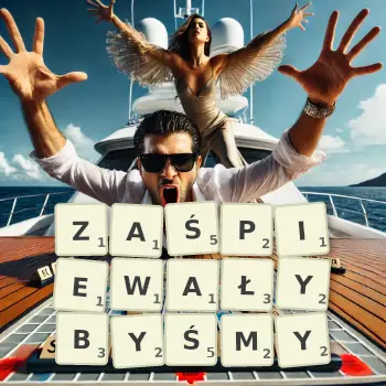 Kreatywna ilustracja do gry w Scrabble ze słowem ZAŚPIEWAŁYBYŚMY ułożonym z płytek na planszy.