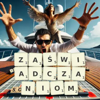 Kreatywna ilustracja do gry w Scrabble ze słowem ZAŚWIADCZANIOM ułożonym z płytek na planszy.