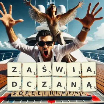 Kreatywna ilustracja do gry w Scrabble ze słowem ZAŚWIADCZANĄ ułożonym z płytek na planszy.