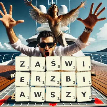 Kreatywna ilustracja do gry w Scrabble ze słowem ZAŚWIERZBIAWSZY ułożonym z płytek na planszy.