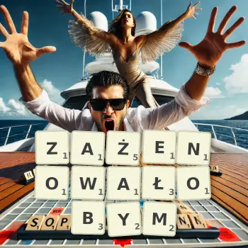 Kreatywna ilustracja do gry w Scrabble ze słowem ZAŻENOWAŁOBYM ułożonym z płytek na planszy.