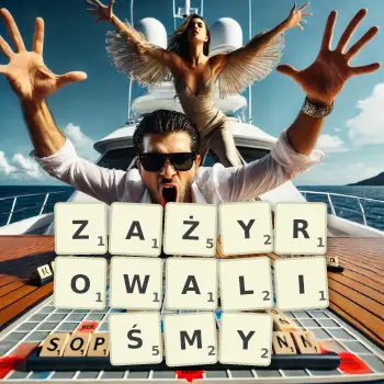 Kreatywna ilustracja do gry w Scrabble ze słowem ZAŻYROWALIŚMY ułożonym z płytek na planszy.
