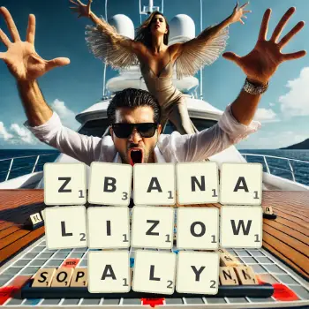 Kreatywna ilustracja do gry w Scrabble ze słowem ZBANALIZOWALY ułożonym z płytek na planszy.