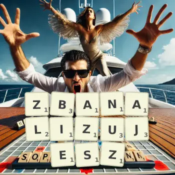 Kreatywna ilustracja do gry w Scrabble ze słowem ZBANALIZUJESZ ułożonym z płytek na planszy.