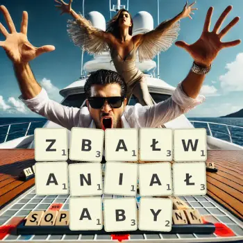 Kreatywna ilustracja do gry w Scrabble ze słowem ZBAŁWANIAŁABY ułożonym z płytek na planszy.