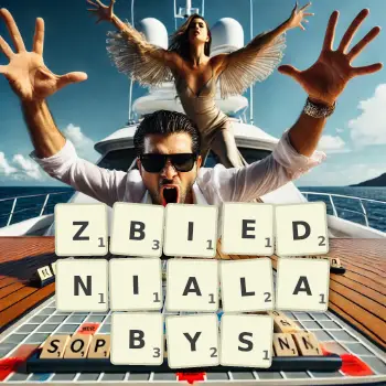 Kreatywna ilustracja do gry w Scrabble ze słowem ZBIEDNIALABYS ułożonym z płytek na planszy.