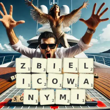 Kreatywna ilustracja do gry w Scrabble ze słowem ZBIELICOWANYMI ułożonym z płytek na planszy.