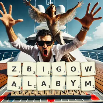 Kreatywna ilustracja do gry w Scrabble ze słowem ZBIGOWALABYM ułożonym z płytek na planszy.