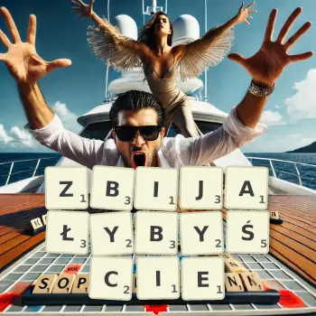 Kreatywna ilustracja do gry w Scrabble ze słowem ZBIJAŁYBYŚCIE ułożonym z płytek na planszy.