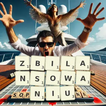 Kreatywna ilustracja do gry w Scrabble ze słowem ZBILANSOWANIU ułożonym z płytek na planszy.