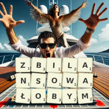 Kreatywna ilustracja do gry w Scrabble ze słowem ZBILANSOWAŁOBYM ułożonym z płytek na planszy.