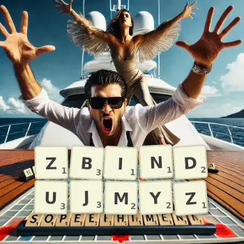 Kreatywna ilustracja do gry w Scrabble ze słowem ZBINDUJMYZ ułożonym z płytek na planszy.