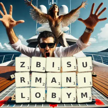 Kreatywna ilustracja do gry w Scrabble ze słowem ZBISURMANILOBYM ułożonym z płytek na planszy.