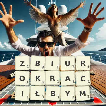 Kreatywna ilustracja do gry w Scrabble ze słowem ZBIUROKRACIŁBYM ułożonym z płytek na planszy.