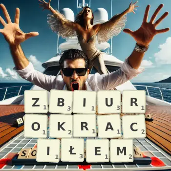 Kreatywna ilustracja do gry w Scrabble ze słowem ZBIUROKRACIŁEM ułożonym z płytek na planszy.