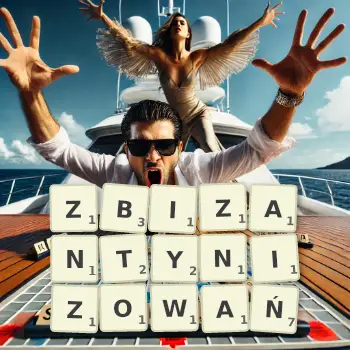 Kreatywna ilustracja do gry w Scrabble ze słowem ZBIZANTYNIZOWAŃ ułożonym z płytek na planszy.