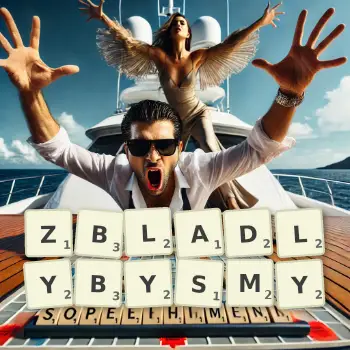 Kreatywna ilustracja do gry w Scrabble ze słowem ZBLADLYBYSMY ułożonym z płytek na planszy.