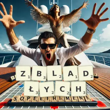 Kreatywna ilustracja do gry w Scrabble ze słowem ZBLADŁYCH ułożonym z płytek na planszy.