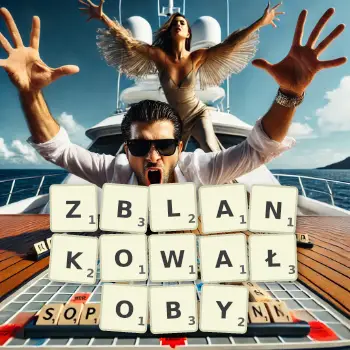 Kreatywna ilustracja do gry w Scrabble ze słowem ZBLANKOWAŁOBY ułożonym z płytek na planszy.