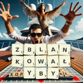 Kreatywna ilustracja do gry w Scrabble ze słowem ZBLANKOWAŁYBY ułożonym z płytek na planszy.