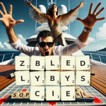 Kreatywna ilustracja do gry w Scrabble ze słowem ZBLEDLYBYSCIE ułożonym z płytek na planszy.