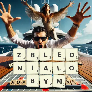 Kreatywna ilustracja do gry w Scrabble ze słowem ZBLEDNIALOBYM ułożonym z płytek na planszy.