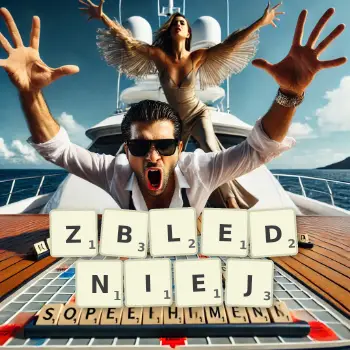 Kreatywna ilustracja do gry w Scrabble ze słowem ZBLEDNIEJ ułożonym z płytek na planszy.