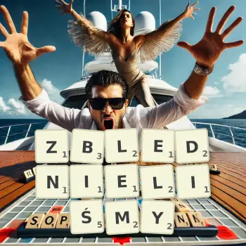 Kreatywna ilustracja do gry w Scrabble ze słowem ZBLEDNIELIŚMY ułożonym z płytek na planszy.