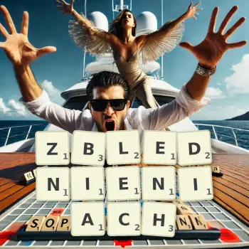 Kreatywna ilustracja do gry w Scrabble ze słowem ZBLEDNIENIACH ułożonym z płytek na planszy.