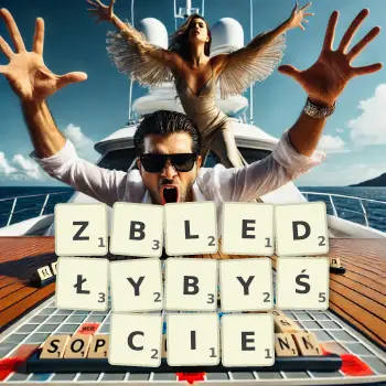 Kreatywna ilustracja do gry w Scrabble ze słowem ZBLEDŁYBYŚCIE ułożonym z płytek na planszy.