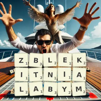 Kreatywna ilustracja do gry w Scrabble ze słowem ZBLEKITNIALABYM ułożonym z płytek na planszy.