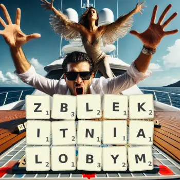 Kreatywna ilustracja do gry w Scrabble ze słowem ZBLEKITNIALOBYM ułożonym z płytek na planszy.