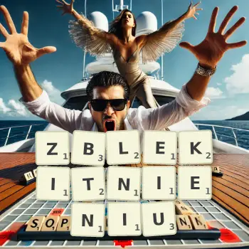 Kreatywna ilustracja do gry w Scrabble ze słowem ZBLEKITNIENIU ułożonym z płytek na planszy.