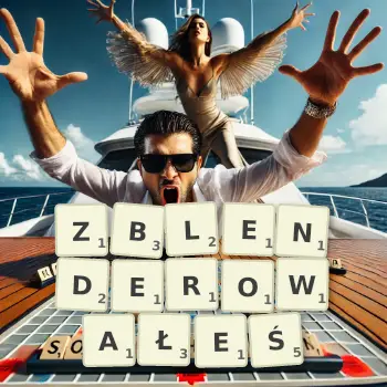 Kreatywna ilustracja do gry w Scrabble ze słowem ZBLENDEROWAŁEŚ ułożonym z płytek na planszy.