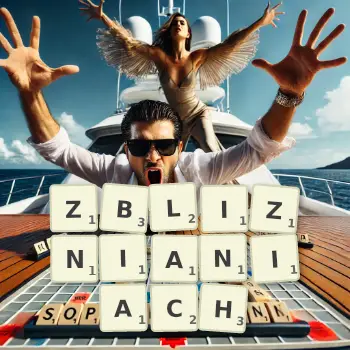 Kreatywna ilustracja do gry w Scrabble ze słowem ZBLIZNIANIACH ułożonym z płytek na planszy.
