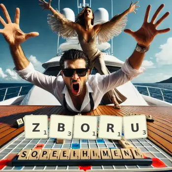 Kreatywna ilustracja do gry w Scrabble ze słowem ZBORU ułożonym z płytek na planszy.