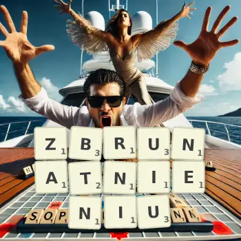 Kreatywna ilustracja do gry w Scrabble ze słowem ZBRUNATNIENIU ułożonym z płytek na planszy.