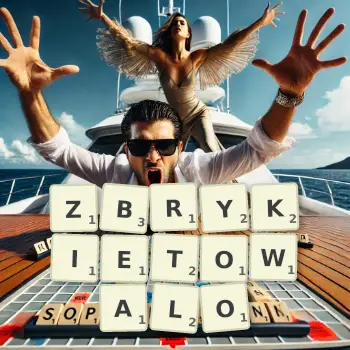 Kreatywna ilustracja do gry w Scrabble ze słowem ZBRYKIETOWALO ułożonym z płytek na planszy.