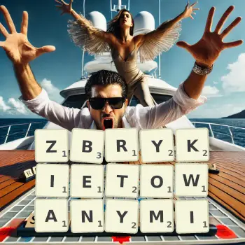 Kreatywna ilustracja do gry w Scrabble ze słowem ZBRYKIETOWANYMI ułożonym z płytek na planszy.
