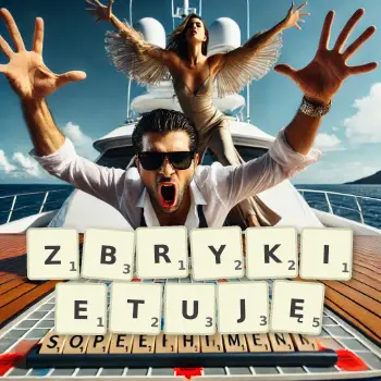 Kreatywna ilustracja do gry w Scrabble ze słowem ZBRYKIETUJĘ ułożonym z płytek na planszy.