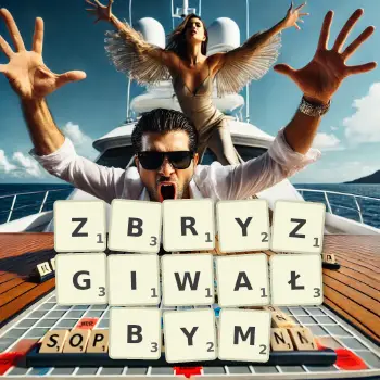 Kreatywna ilustracja do gry w Scrabble ze słowem ZBRYZGIWAŁBYM ułożonym z płytek na planszy.