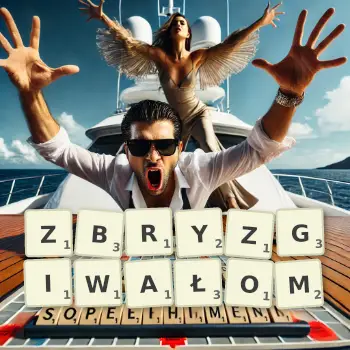 Kreatywna ilustracja do gry w Scrabble ze słowem ZBRYZGIWAŁOM ułożonym z płytek na planszy.