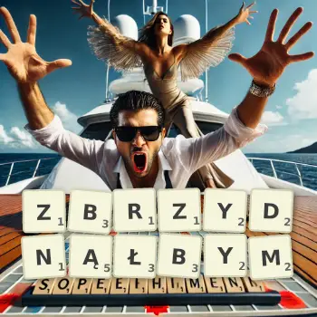 Kreatywna ilustracja do gry w Scrabble ze słowem ZBRZYDNĄŁBYM ułożonym z płytek na planszy.