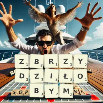 Kreatywna ilustracja do gry w Scrabble ze słowem ZBRZYDZIŁOBYM ułożonym z płytek na planszy.